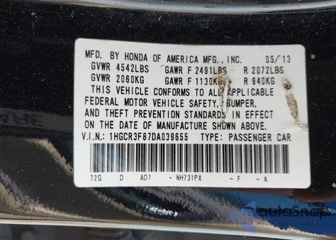 2013 Honda Accord Ex-L V-6 z USA, uszkodzony, nr VIN 1HGCR3F87DA039655